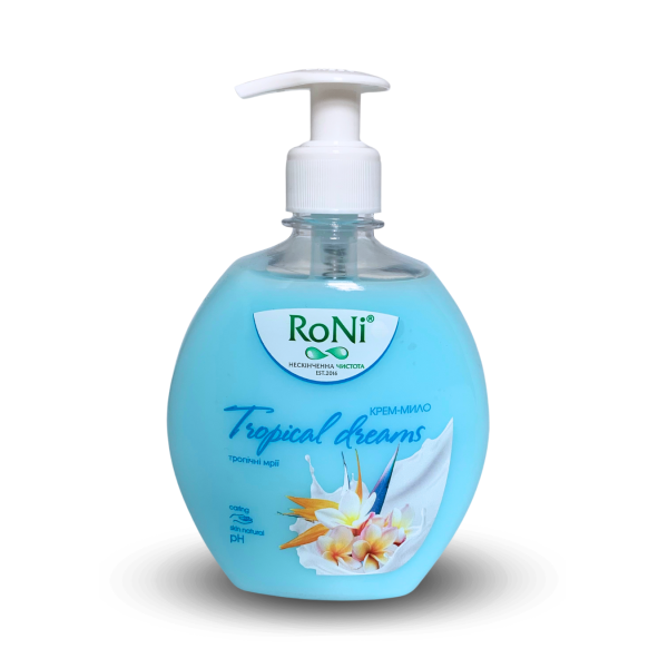 Крем-мило рідке "Tropical Dreams" з гліцерином RoNi з дозатором 450мл Крем-мило рідке "Tropical Dreams" з гліцерином RoNi з дозатором 450мл
